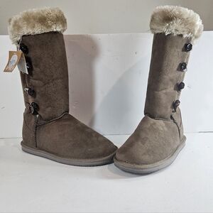 Womens Brown Faux Fur Button Boots Sz 8 12"Tall Sherpa Trim Comfy Cozy Winter
